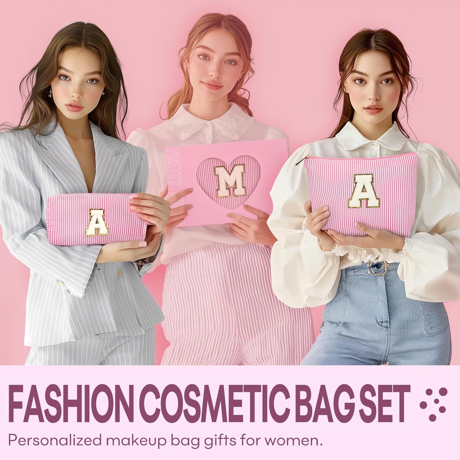 2 PCS Initial Makeup Bags for Women: Cosmetic Bag for Travel Toiletry - Birthday Gifts for 11 12 13 14 15 16 17 18 Years Old Girl Graduation Teacher Gift- Teen Girl Gifts Trendy Stuff - Pink L - Image 5