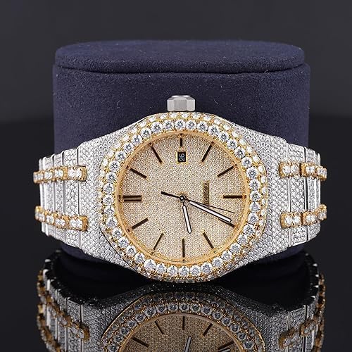 Men's Round Moissanite Watch – Fully Paved Date Dial 18K Gold Two-Tone Finish Iced Look Dress Watch Luxury Wrist Watch Gift for Him - Image 6