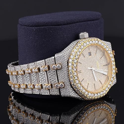 Men's Round Moissanite Watch – Fully Paved Date Dial 18K Gold Two-Tone Finish Iced Look Dress Watch Luxury Wrist Watch Gift for Him - Image 3