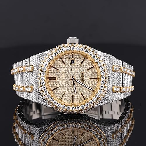 Men's Round Moissanite Watch – Fully Paved Date Dial 18K Gold Two-Tone Finish Iced Look Dress Watch Luxury Wrist Watch Gift for Him - Image 2