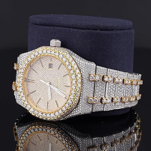 Men's Round Moissanite Watch – Fully Paved Date Dial 18K Gold Two-Tone Finish Iced Look Dress Watch Luxury Wrist Watch Gift for Him - Image 4