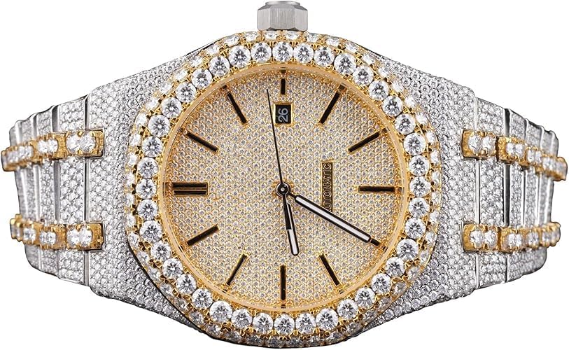 Men's Round Moissanite Watch – Fully Paved Date Dial 18K Gold Two-Tone Finish Iced Look Dress Watch Luxury Wrist Watch Gift for Him