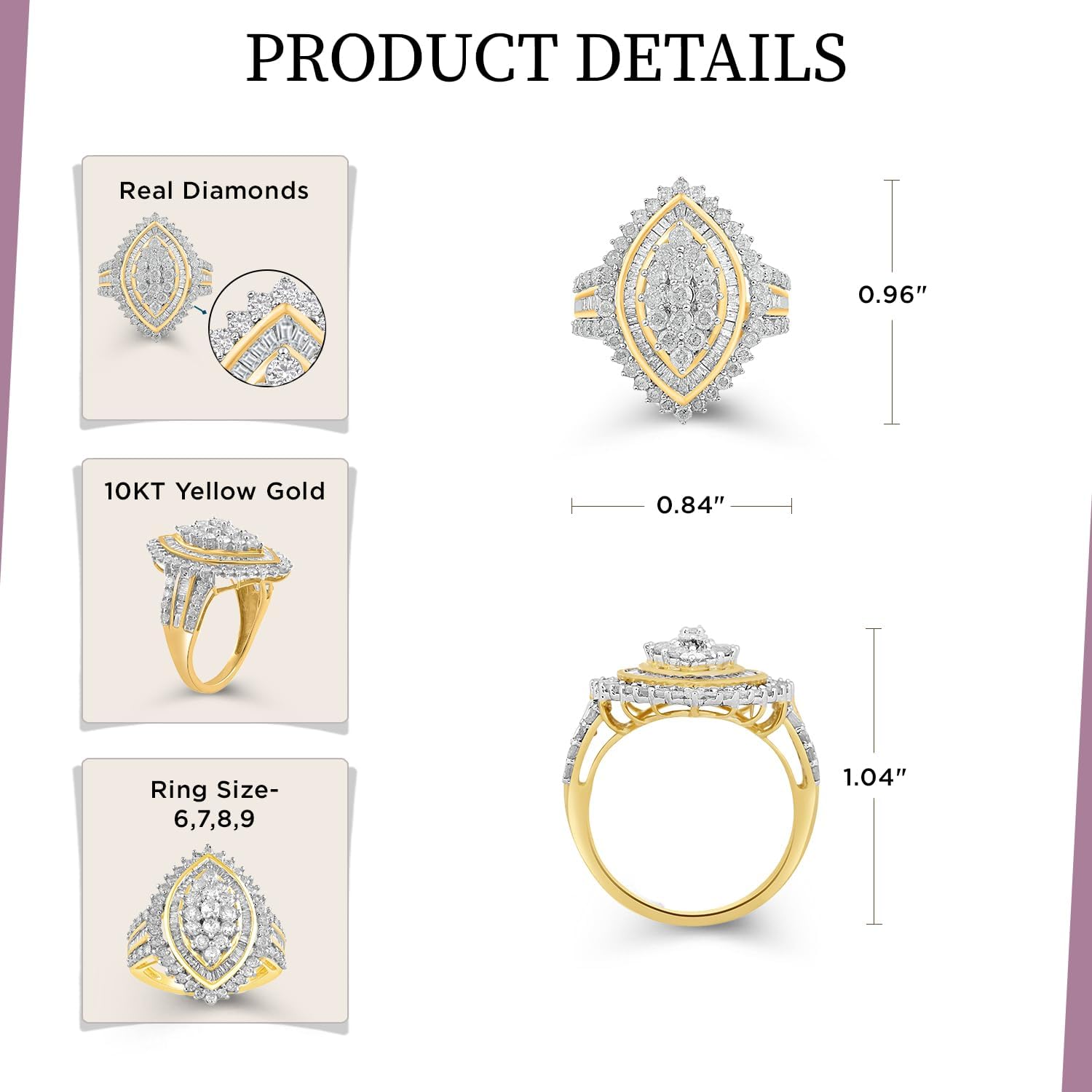 Jewelili 10K Yellow Gold Cluster Ring for Women | 2 CTTW Natural White Round & Baguette Diamonds | Luxury Jewelry with Gift Box | Timeless Fashion Jewelry Gift for Her - Image 3