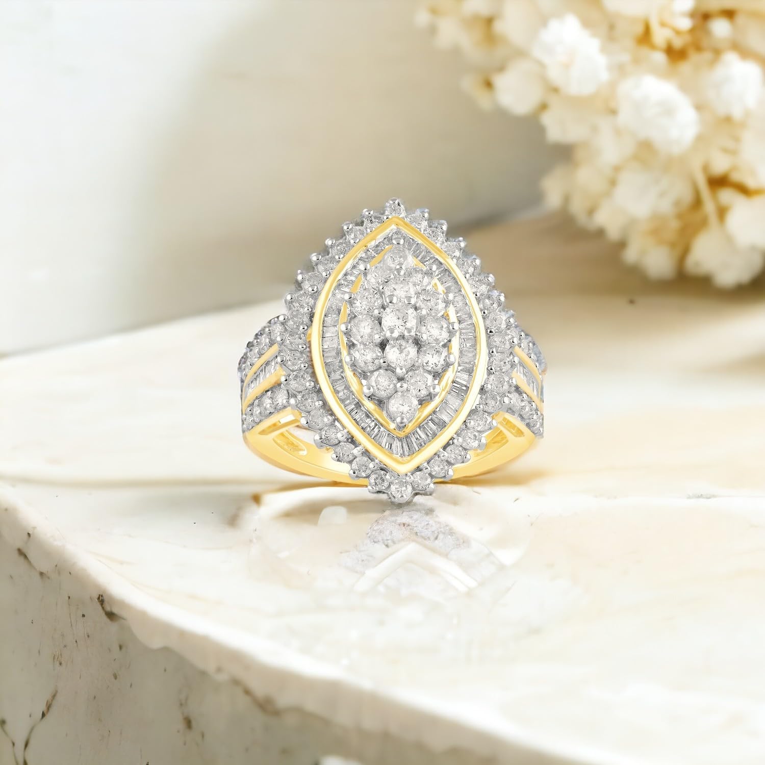 Jewelili 10K Yellow Gold Cluster Ring for Women | 2 CTTW Natural White Round & Baguette Diamonds | Luxury Jewelry with Gift Box | Timeless Fashion Jewelry Gift for Her - Image 6