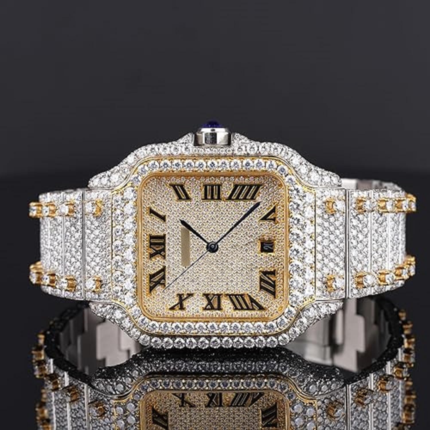 Men's Moissanite Watch – Luxury Gold-Tone Square Dial Full Pavé Simulated Diamonds Automatic Timepiece with Roman Numerals Gift Watch - Image 2