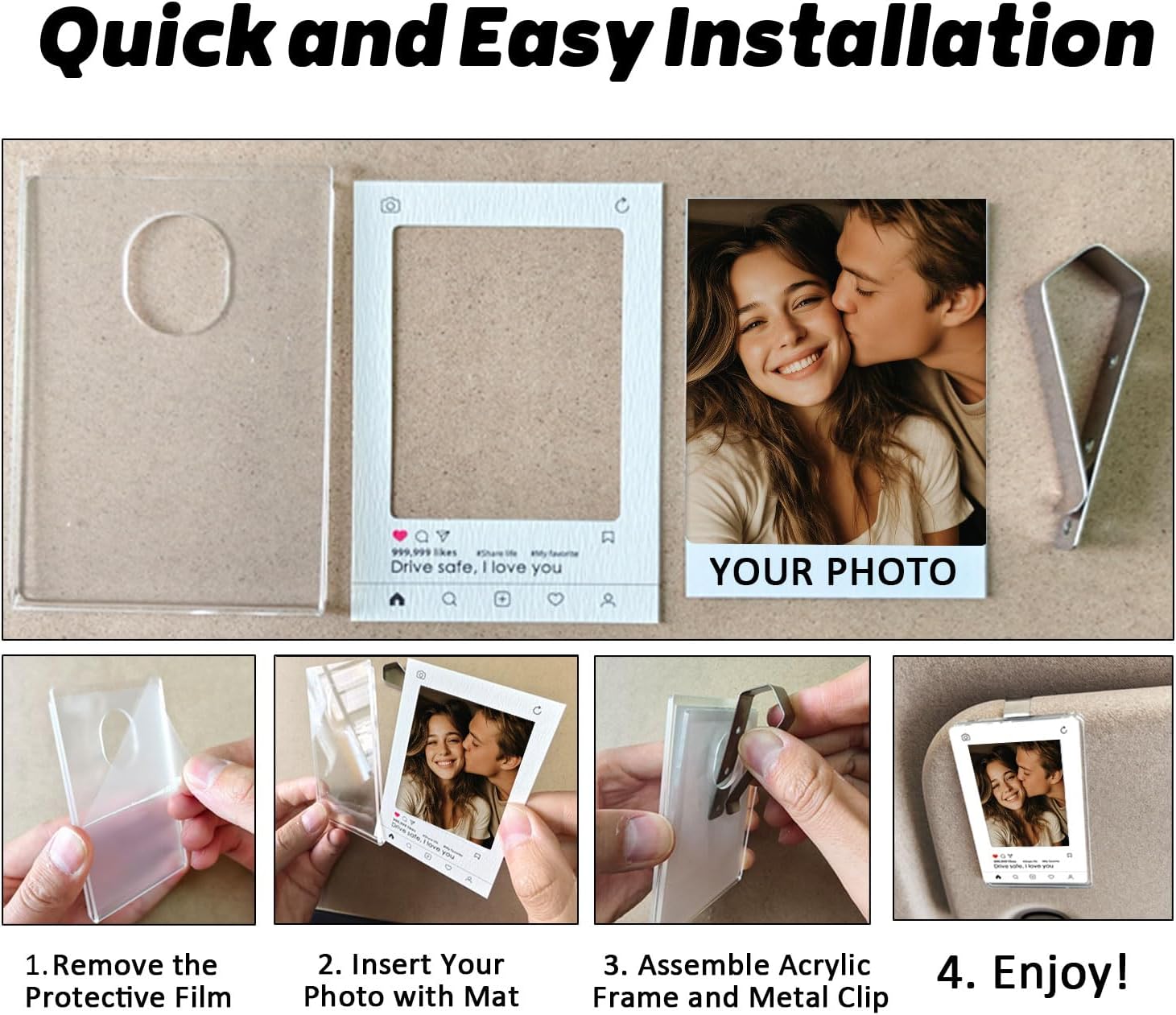 2 x Personalized Car Visor Photo Frame with Clip – 2 Acrylic Frames, 5 Interchangeable Mats – No Adhesive Design, Heat-Resistant Keepsake for Car, Valentine’s, Couple Anniversary, Wedding Gift for Him or Her - Image 5