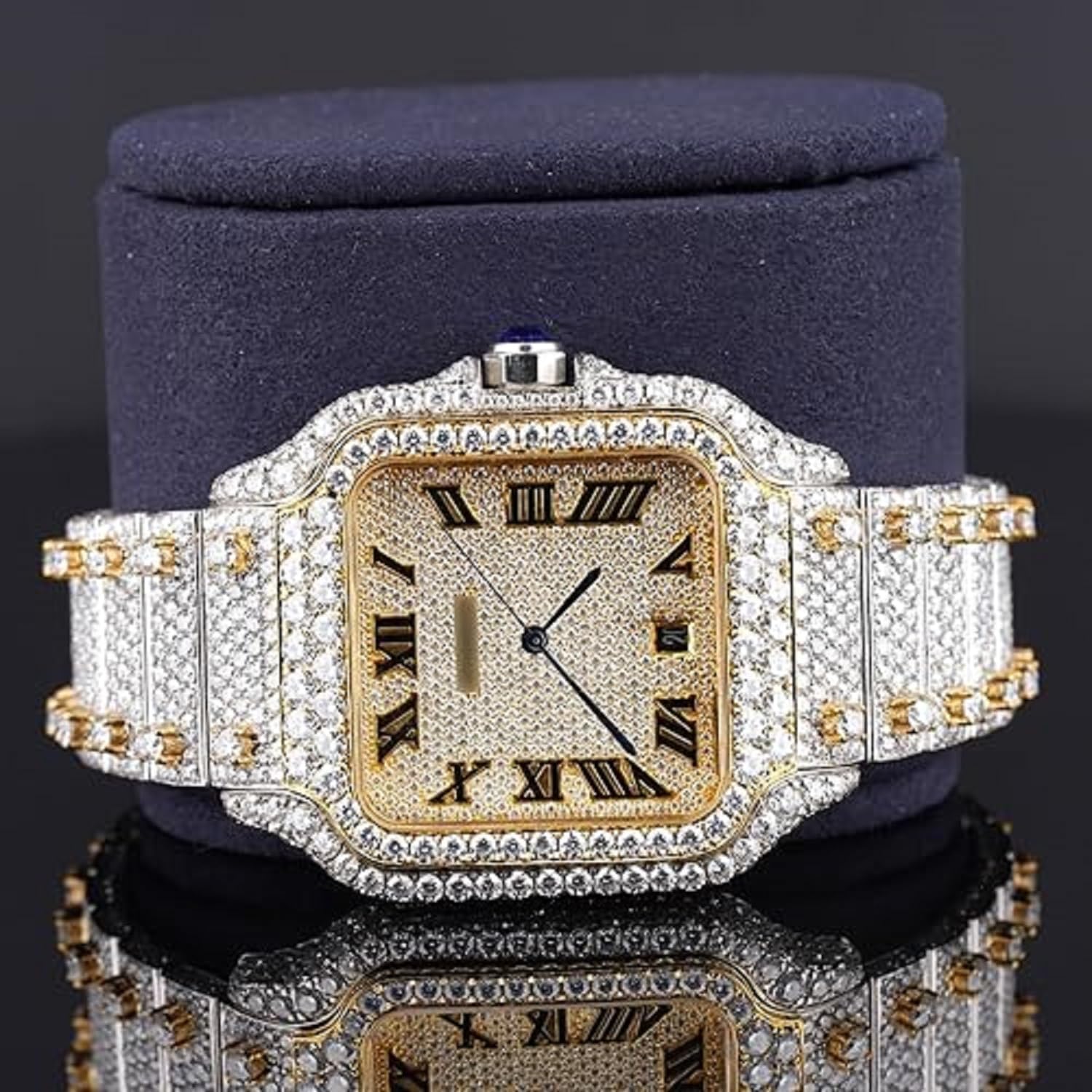 Men's Moissanite Watch – Luxury Gold-Tone Square Dial Full Pavé Simulated Diamonds Automatic Timepiece with Roman Numerals Gift Watch - Image 3