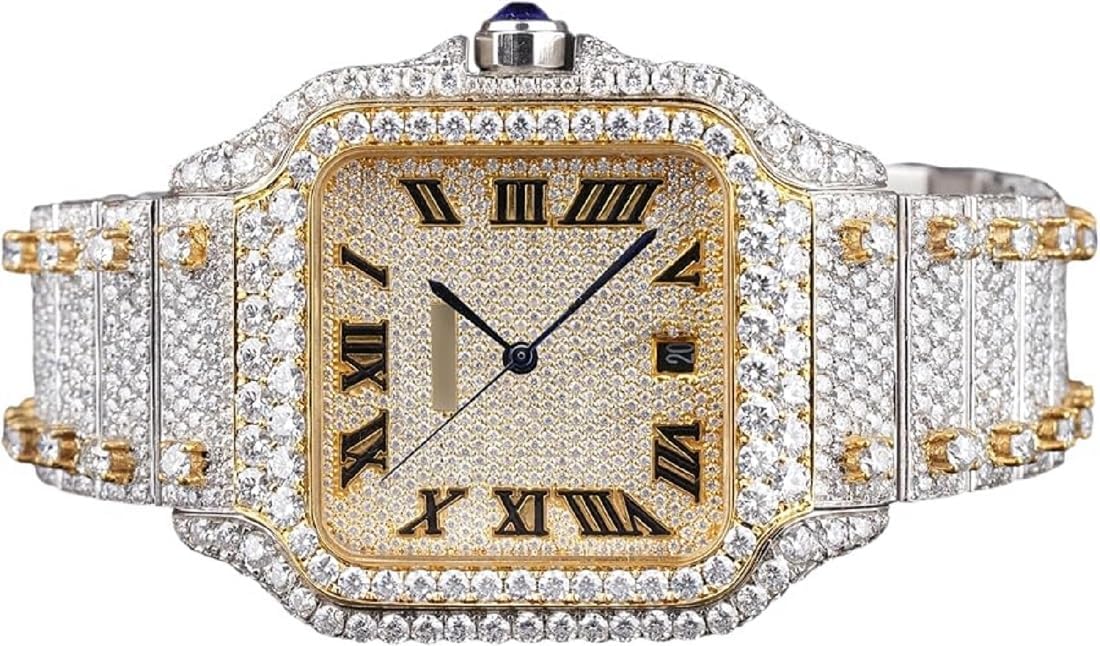 Men's Moissanite Watch – Luxury Gold-Tone Square Dial Full Pavé Simulated Diamonds Automatic Timepiece with Roman Numerals Gift Watch