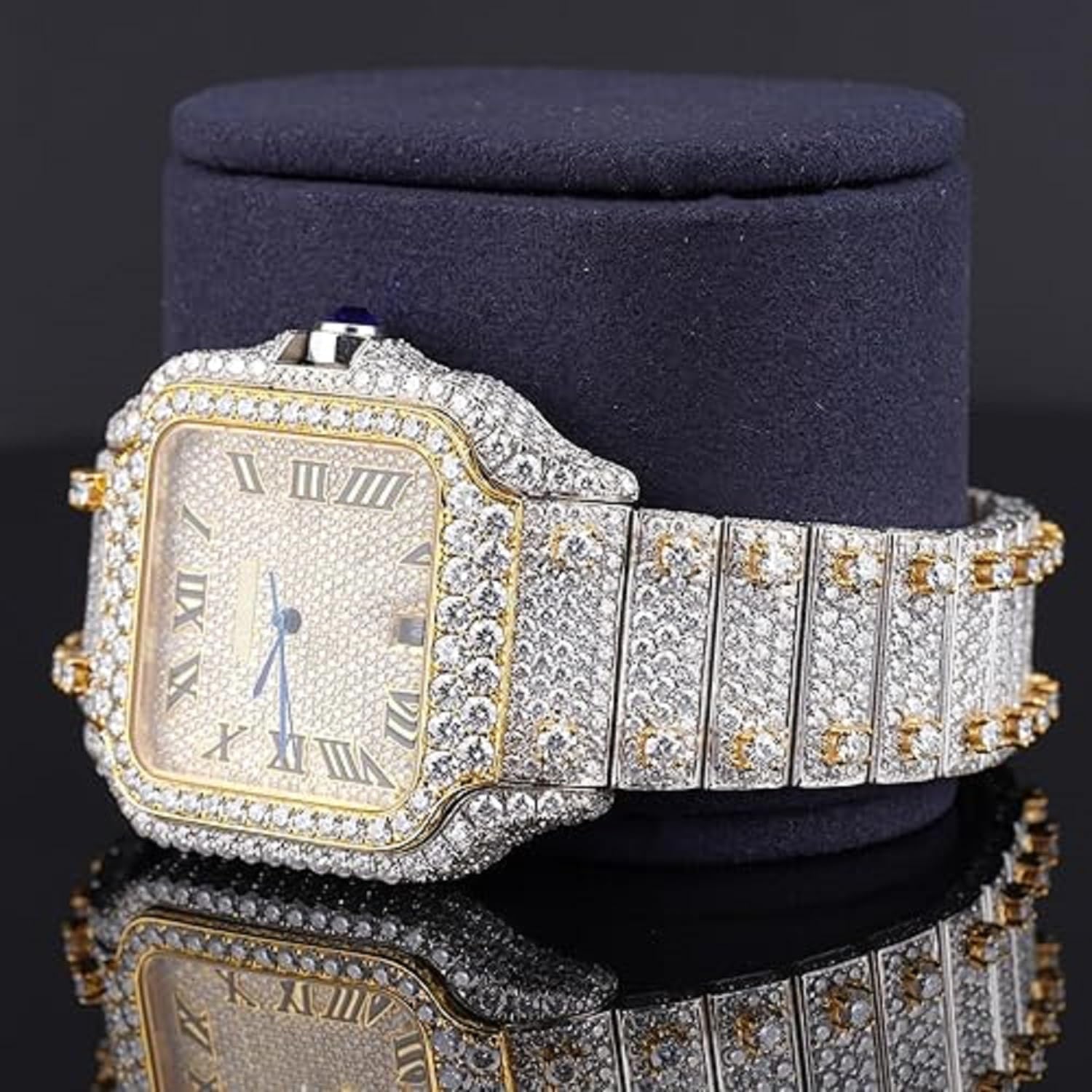 Men's Moissanite Watch – Luxury Gold-Tone Square Dial Full Pavé Simulated Diamonds Automatic Timepiece with Roman Numerals Gift Watch - Image 4