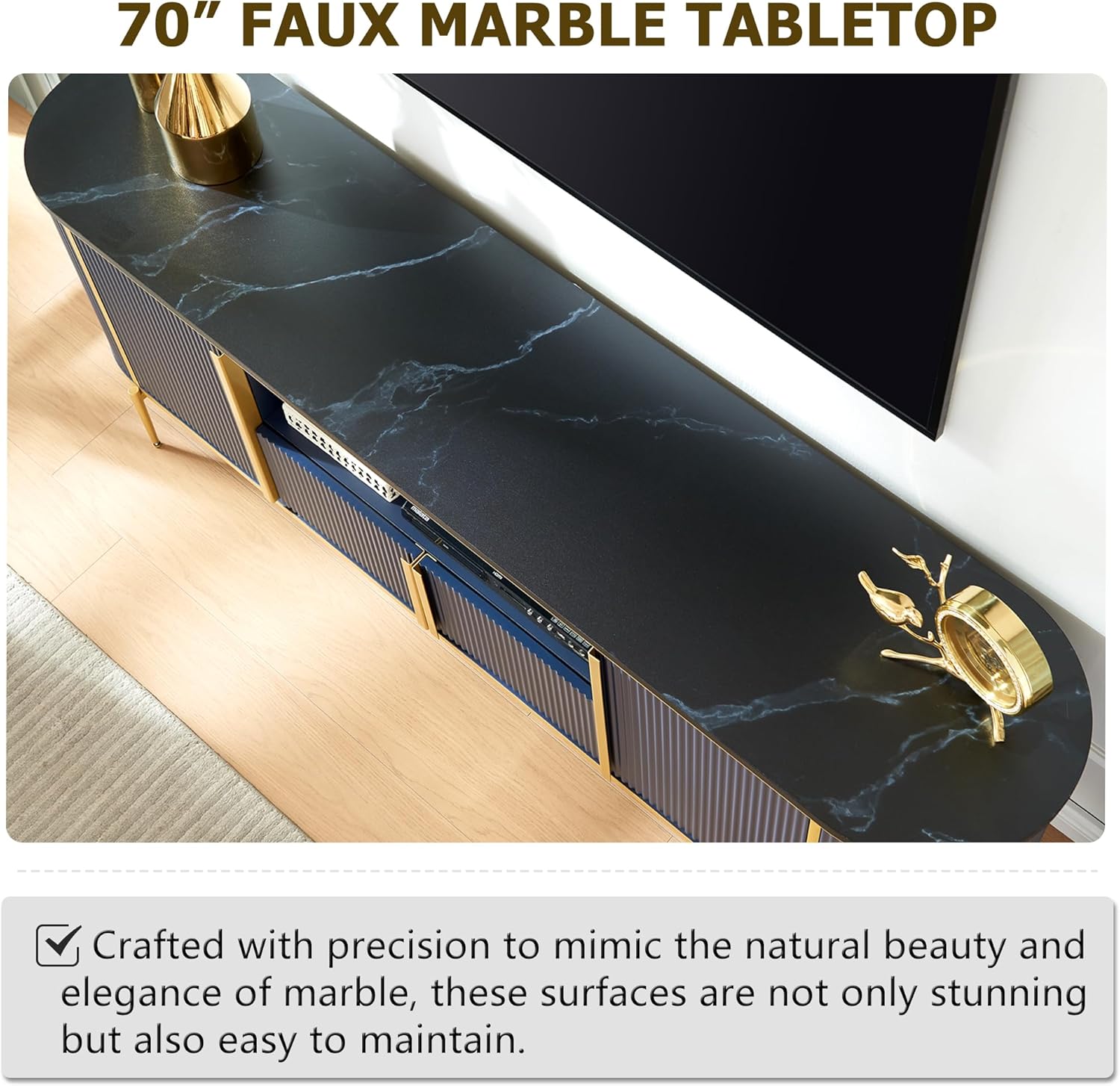 OKD Luxury 70" Fluted TV Stand, Modern Chic Entertainment Center for TVs Up to 80 inches, TV Console with Faux Marble Top, Curved Profile Design, Media Console for Living Room, Navy Blue - Image 3
