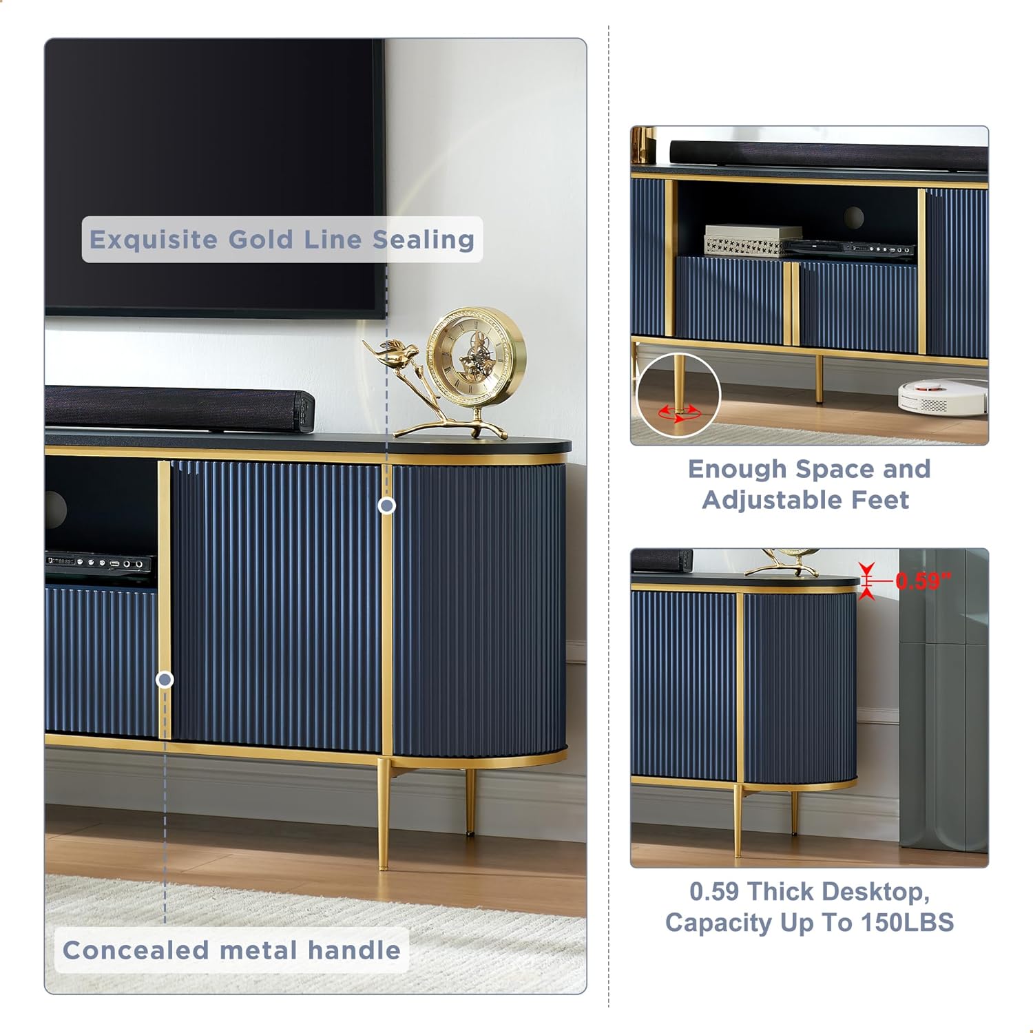 OKD Luxury 70" Fluted TV Stand, Modern Chic Entertainment Center for TVs Up to 80 inches, TV Console with Faux Marble Top, Curved Profile Design, Media Console for Living Room, Navy Blue - Image 4