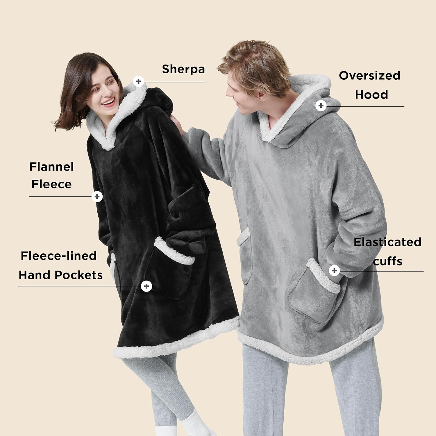 Bedsure Blanket Hoodie, Wearable Blanket Hoodie as Gifts for Mom, Birthday Gifts for Women Kids Teens Sherpa Sweatshirt, Grey, Standard - Image 2