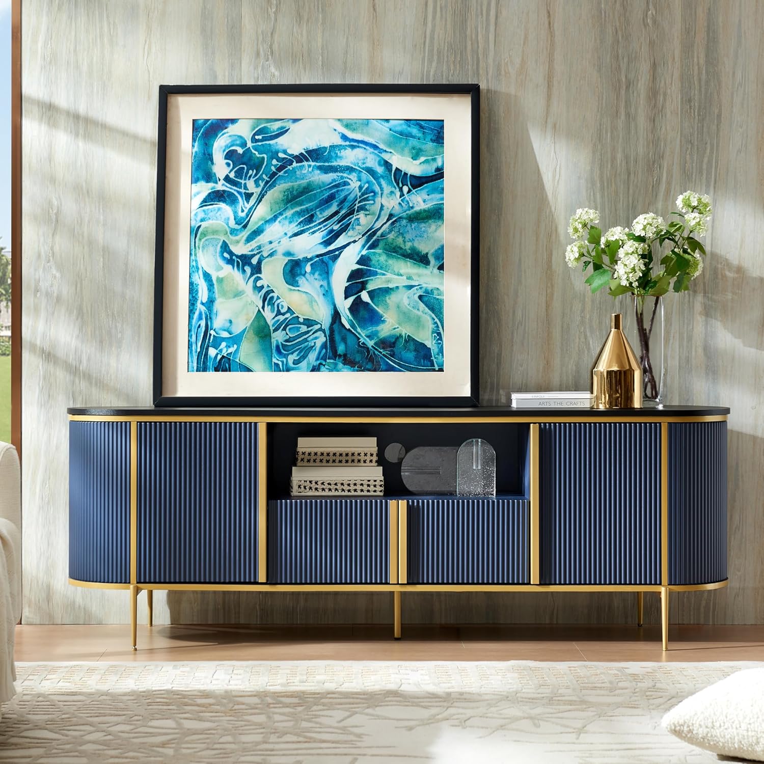 OKD Luxury 70" Fluted TV Stand, Modern Chic Entertainment Center for TVs Up to 80 inches, TV Console with Faux Marble Top, Curved Profile Design, Media Console for Living Room, Navy Blue - Image 2