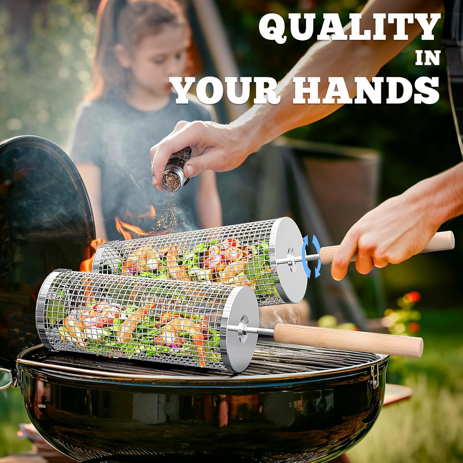 Rolling Grill Basket, Removable Wooden Handle, 304 Stainless Steel, Nesting BBQ Tools, Smoker Grilling Accessories for Vegetable, Outdoor Cooking Camping, Birthday Gifts for Men Dad Husband - Image 3