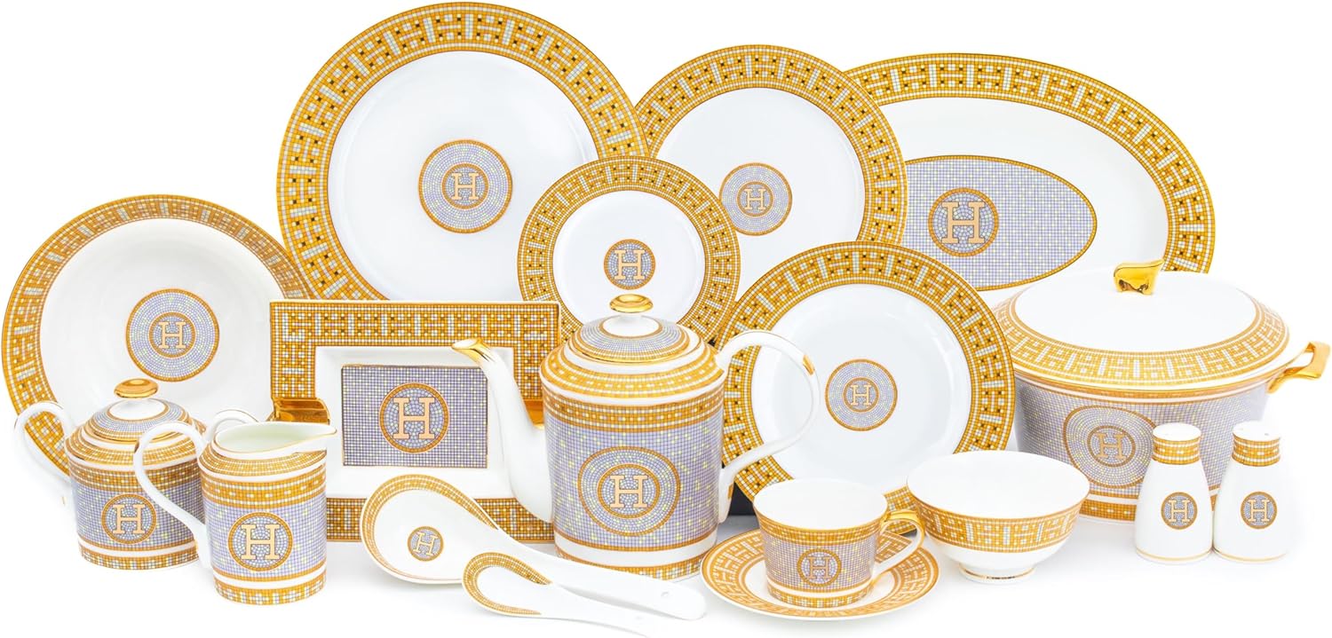 White and Gold Dinnerware Set - 58 Piece 'Mosaic' Dinner Set Luxury Bone China 24K Gold Inlays for Everyday use or Formal Occasions - Image 8