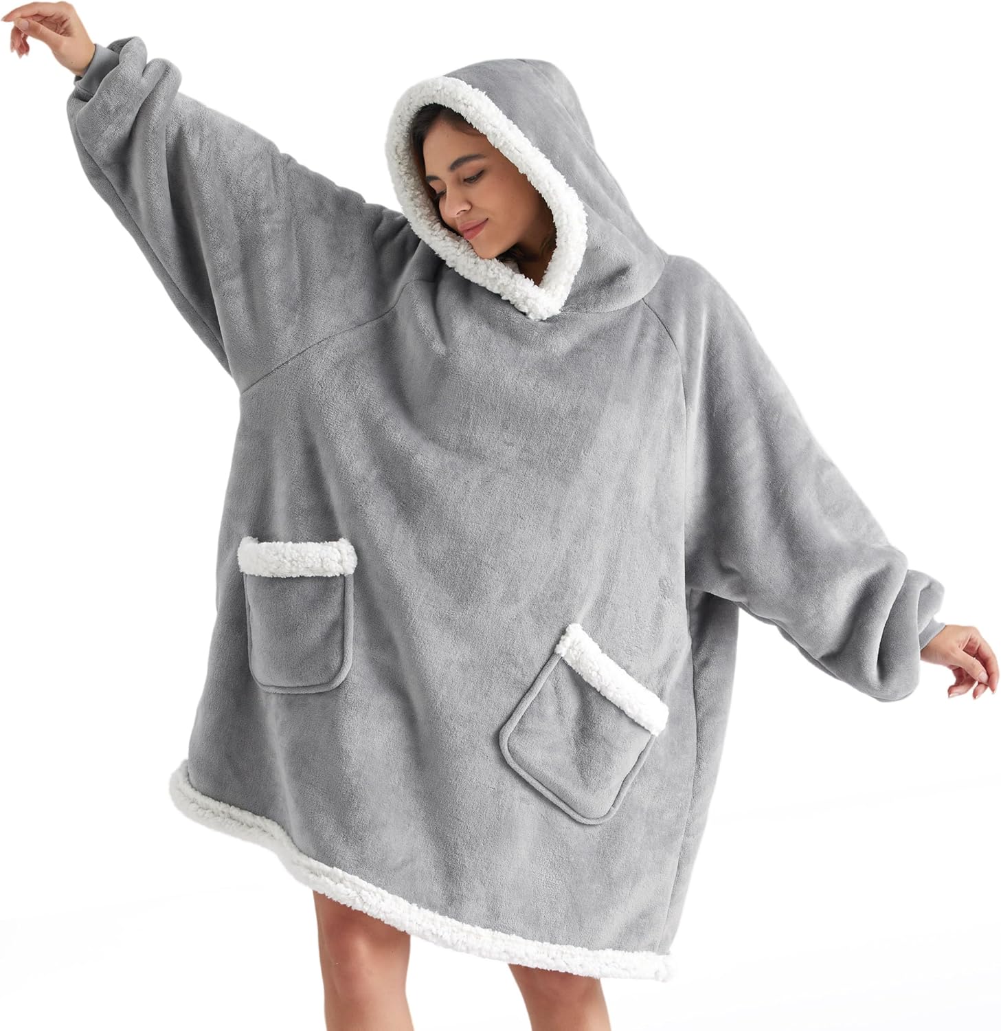 Bedsure Blanket Hoodie, Wearable Blanket Hoodie as Gifts for Mom, Birthday Gifts for Women Kids Teens Sherpa Sweatshirt, Grey, Standard