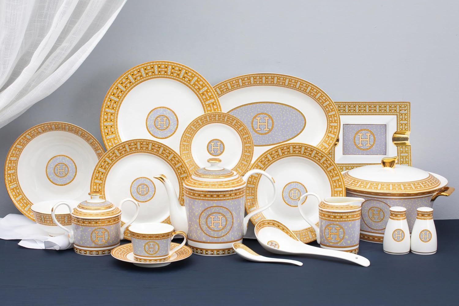 White and Gold Dinnerware Set - 58 Piece 'Mosaic' Dinner Set Luxury Bone China 24K Gold Inlays for Everyday use or Formal Occasions - Image 3