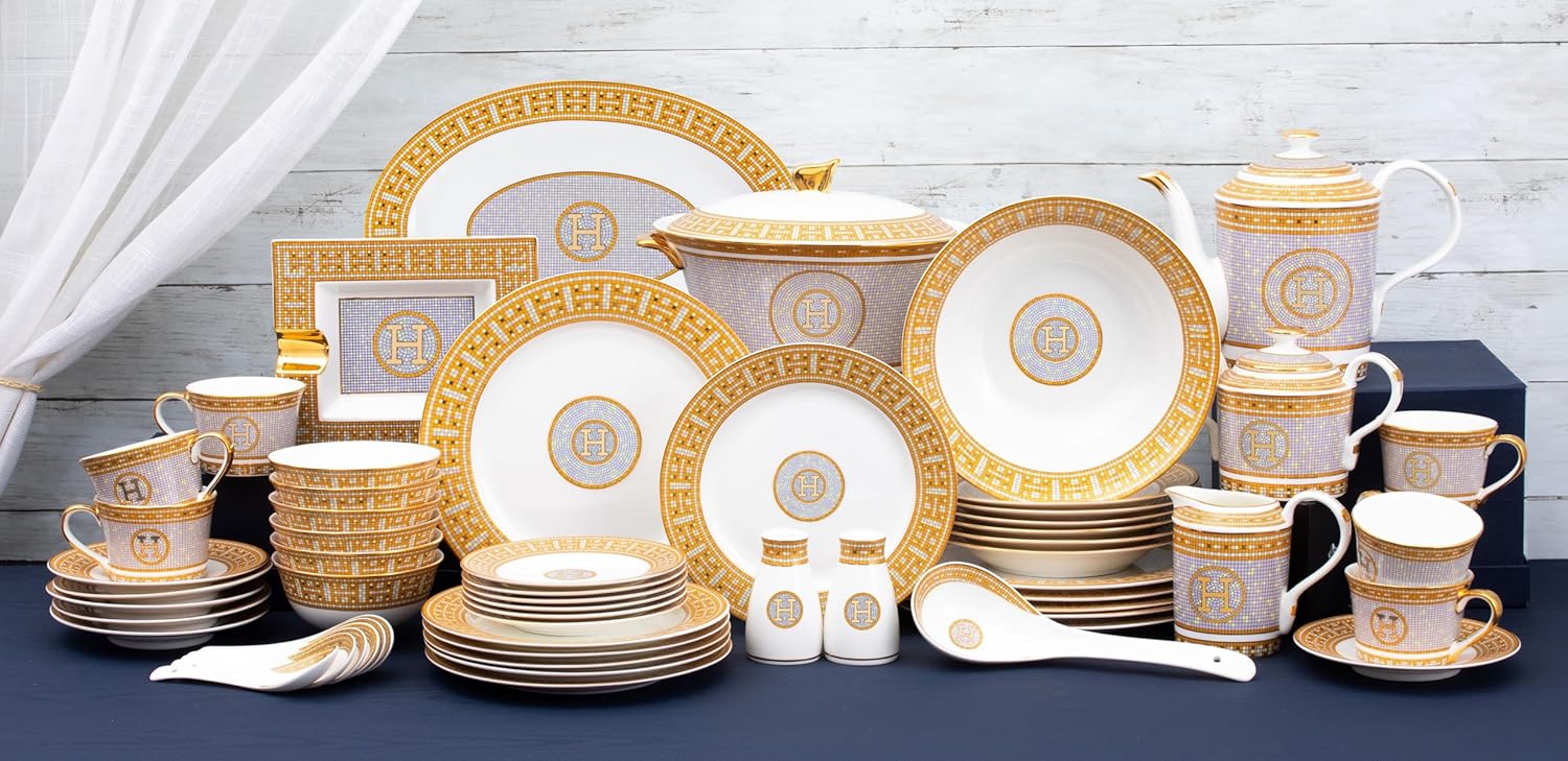 White and Gold Dinnerware Set - 58 Piece 'Mosaic' Dinner Set Luxury Bone China 24K Gold Inlays for Everyday use or Formal Occasions - Image 6