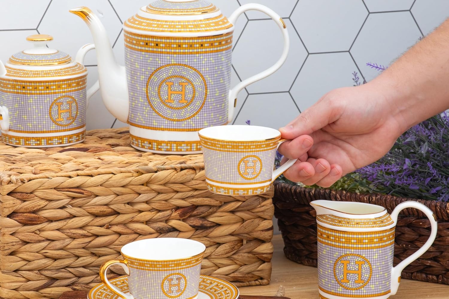 White and Gold Dinnerware Set - 58 Piece 'Mosaic' Dinner Set Luxury Bone China 24K Gold Inlays for Everyday use or Formal Occasions - Image 5