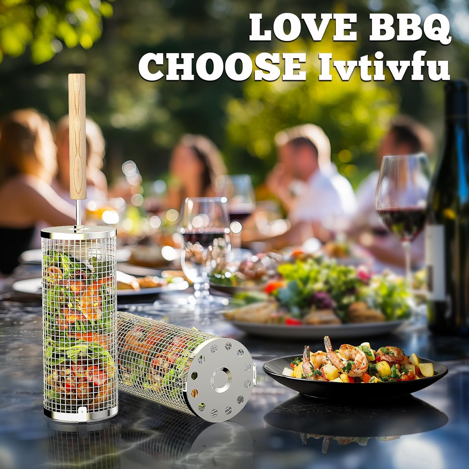 Rolling Grill Basket, Removable Wooden Handle, 304 Stainless Steel, Nesting BBQ Tools, Smoker Grilling Accessories for Vegetable, Outdoor Cooking Camping, Birthday Gifts for Men Dad Husband - Image 6