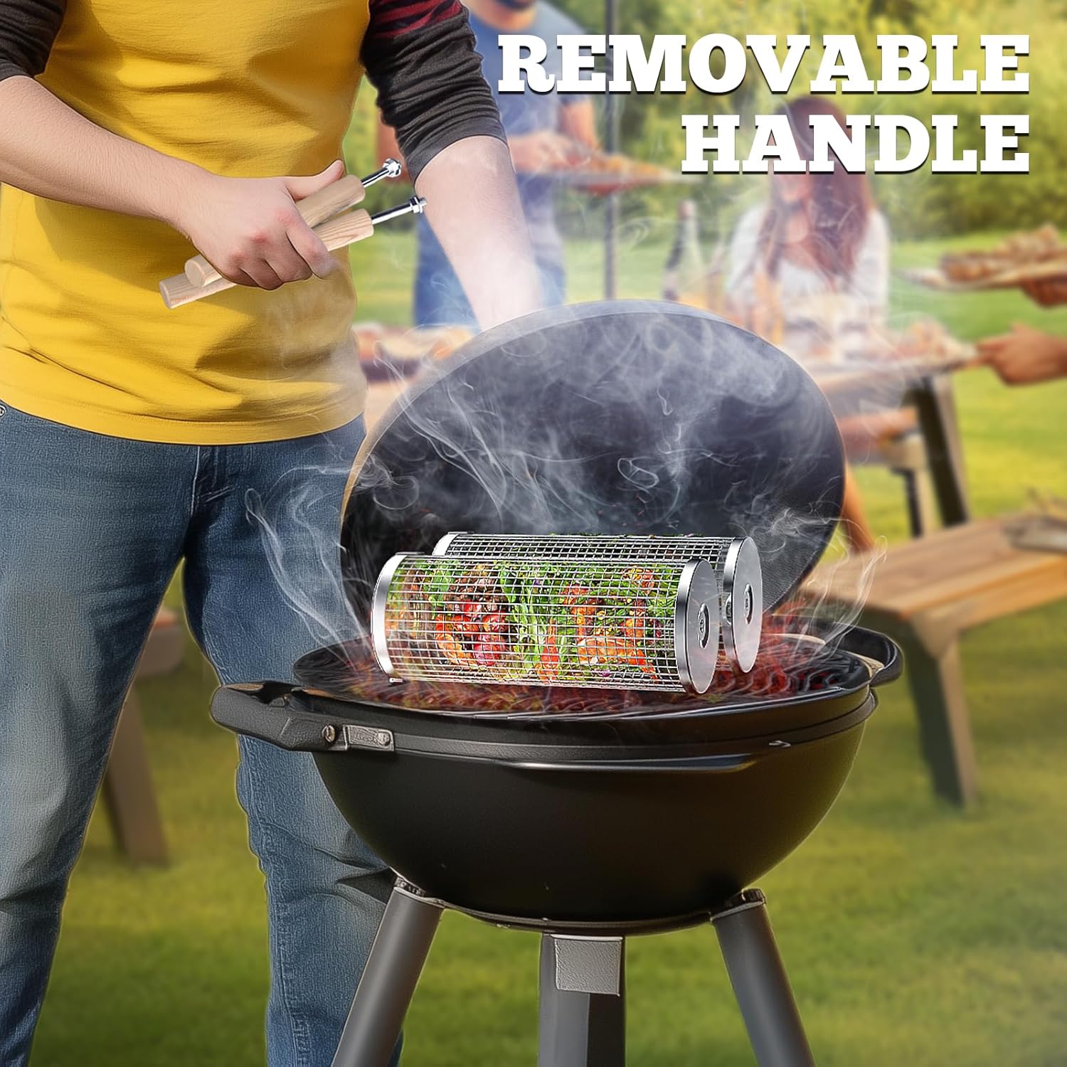 Rolling Grill Basket, Removable Wooden Handle, 304 Stainless Steel, Nesting BBQ Tools, Smoker Grilling Accessories for Vegetable, Outdoor Cooking Camping, Birthday Gifts for Men Dad Husband - Image 5
