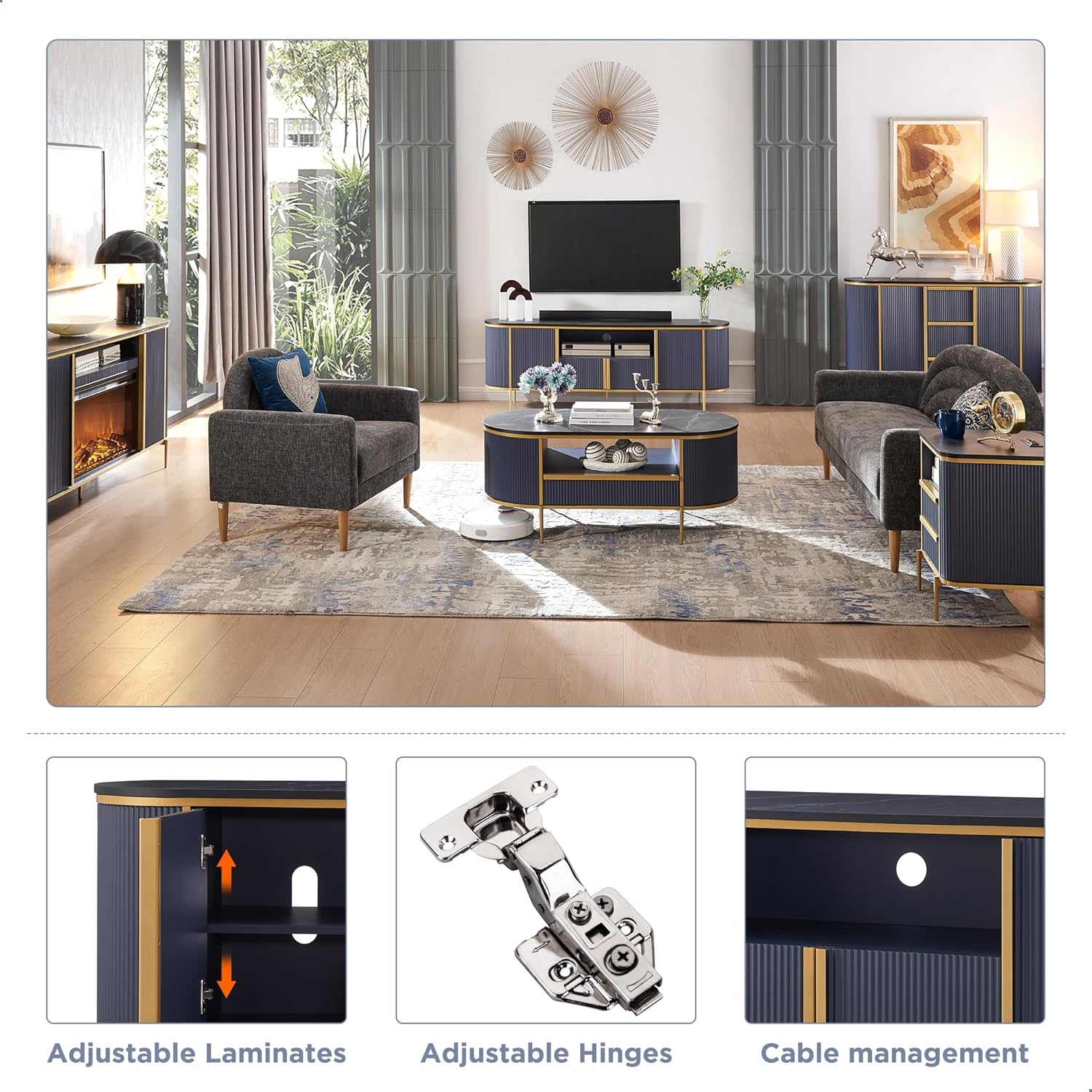 OKD Luxury 70" Fluted TV Stand, Modern Chic Entertainment Center for TVs Up to 80 inches, TV Console with Faux Marble Top, Curved Profile Design, Media Console for Living Room, Navy Blue - Image 5