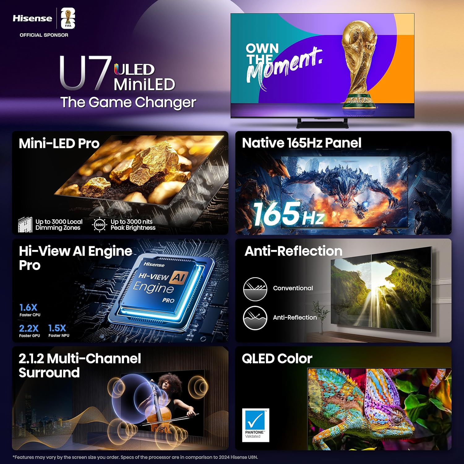 Hisense 55" U7 Mini-LED ULED 4K UHD Best Premium Gaming Google Smart TV (55U75QG, 2025 Model) - QLED, Native 165Hz, VRR 288, Up to 3000 Nits, HDR10+, Dolby Vision IQ · Atmos, IMAX Enhanced, 2.1.2 Ch - Image 3