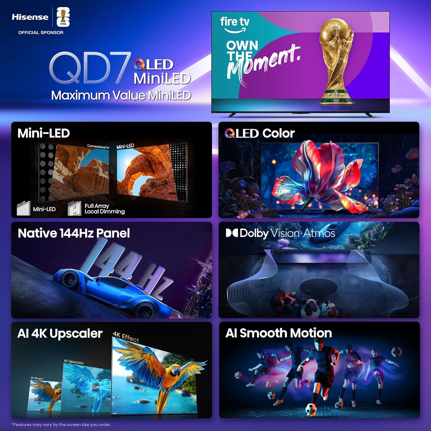Hisense 85" Class QD7 Series Mini-LED 4K UHD Smart Fire TV (85QD7QF, 2025 Model) - QLED, Native 144hz, HDR10+, Dolby Vision, Dolby Atmos, Game Mode Pro, ALLM, Alexa Built in with Voice Remote, MEMC - Image 3