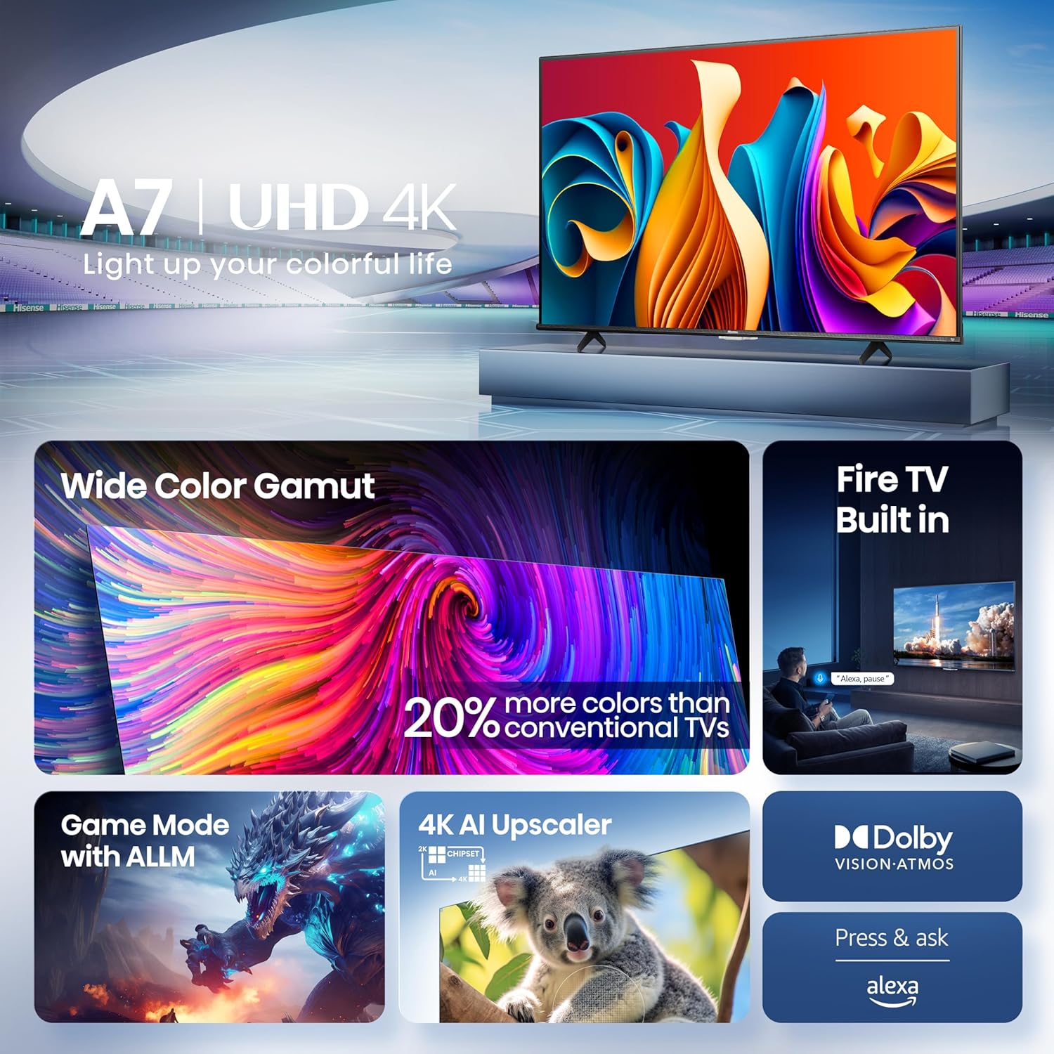 Hisense 55" Class A7 Series (55A7NF,2025 Model) 4K UHD Smart Fire TV, Voice Remote with Alexa, Wide Color Gamut, HDR10+, Dolby Vision, Dolby Atmos, Game Mode, ALLM, Stream Live TV Without Cable - Image 3