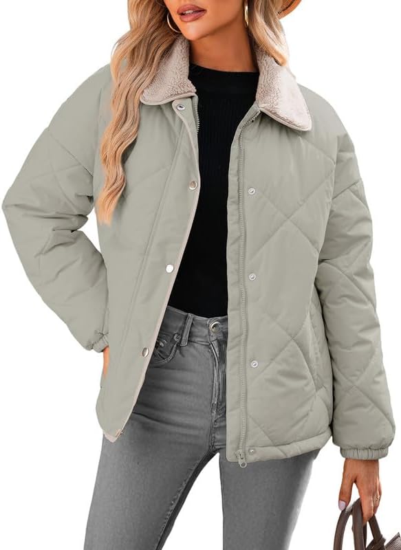 Dokotoo Women's Winter Casual Quilted Jackets Long Sleeve Button Down Puffer Jacket Padded Outerwear Coats