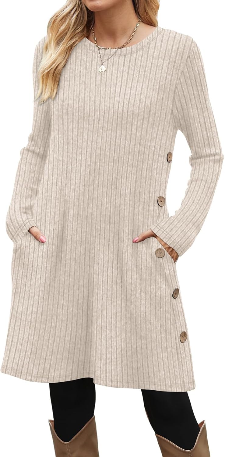 OFEEFAN Fall and Winter Tunic Dress with Pockets Long Sleeve Crew Neck Buttons Side - Image 2