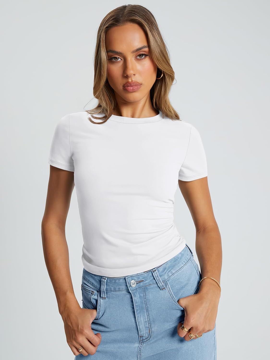 Trendy Queen Womens Basic T Shirts Summer Tops 2025 Crop Short Sleeve Slim Fit Tee Cute Gym Workout Clothes - Image 2