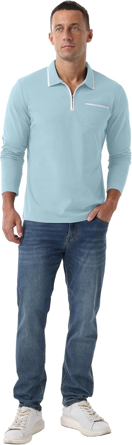 Askdeer Men's Polo Shirts Zip Long Sleeve Classic T-Shirts Casual Golf Shirts Stylish Collared Tee - Image 4