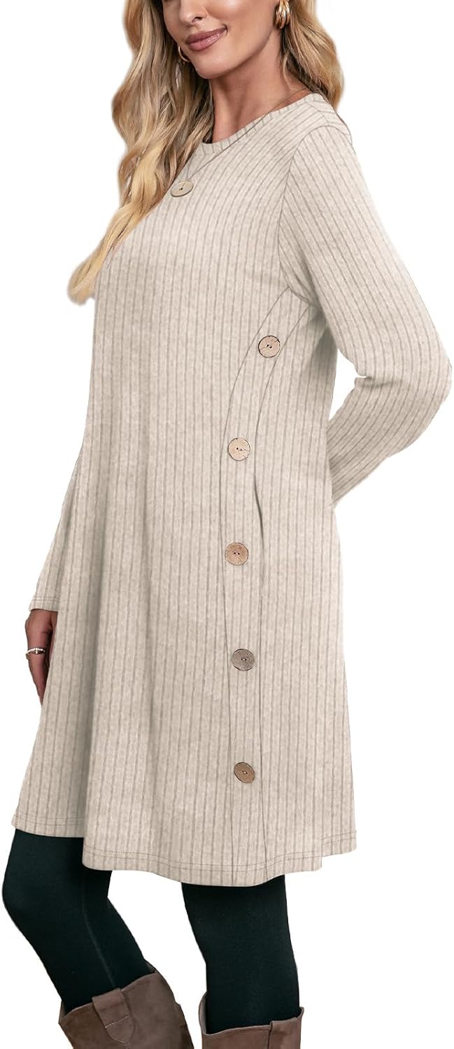 OFEEFAN Fall and Winter Tunic Dress with Pockets Long Sleeve Crew Neck Buttons Side - Image 4