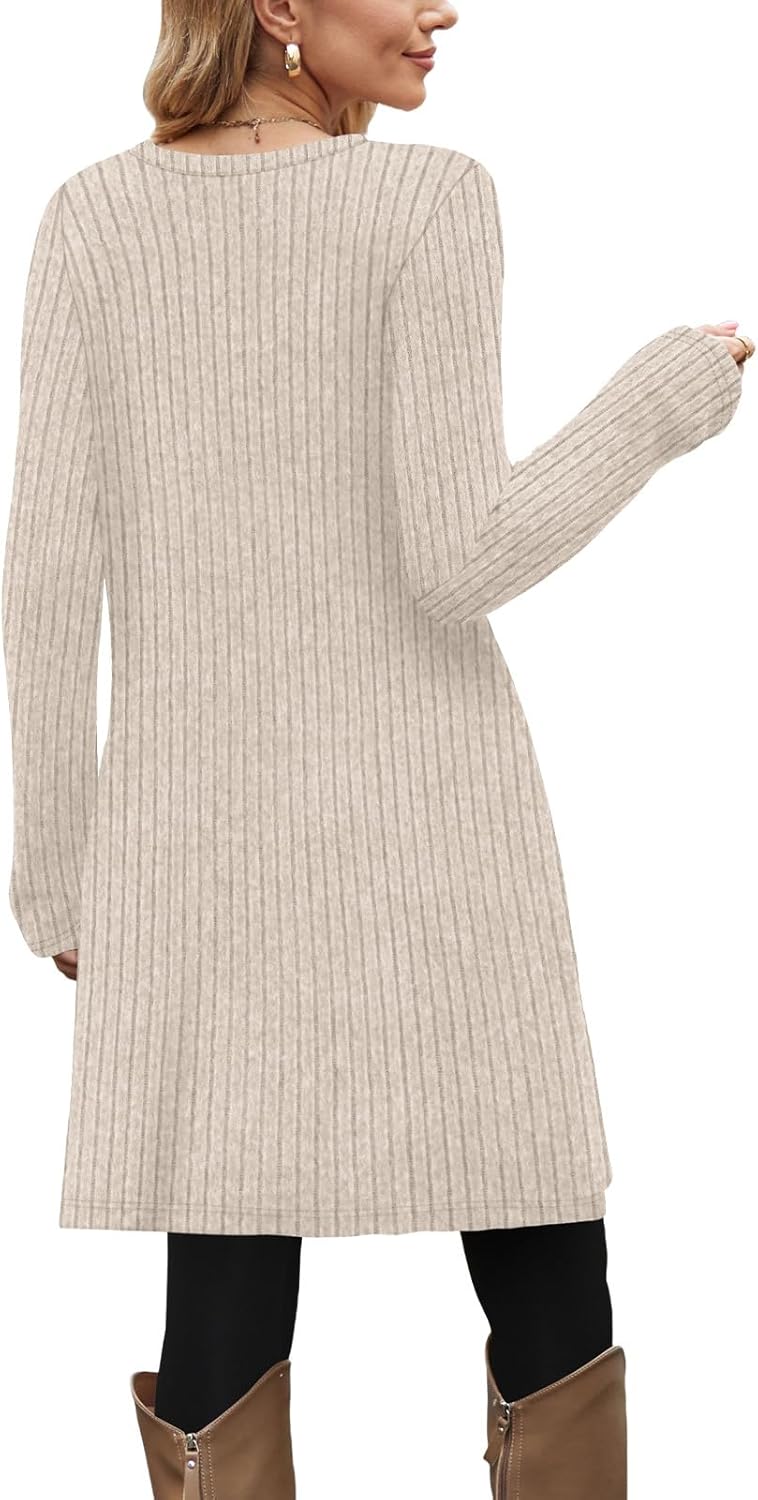 OFEEFAN Fall and Winter Tunic Dress with Pockets Long Sleeve Crew Neck Buttons Side - Image 5