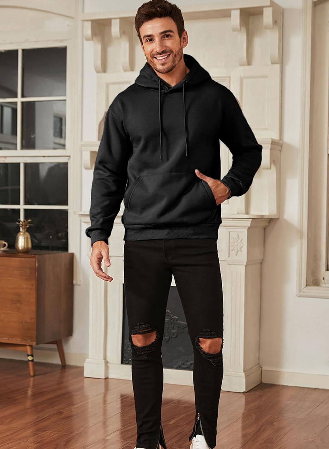 JMIERR Mens Casual Cotton Hooded Collar Drawstring Hoodies Pullover Sweatshirts Casual Long Sleeve Shirts - Image 3