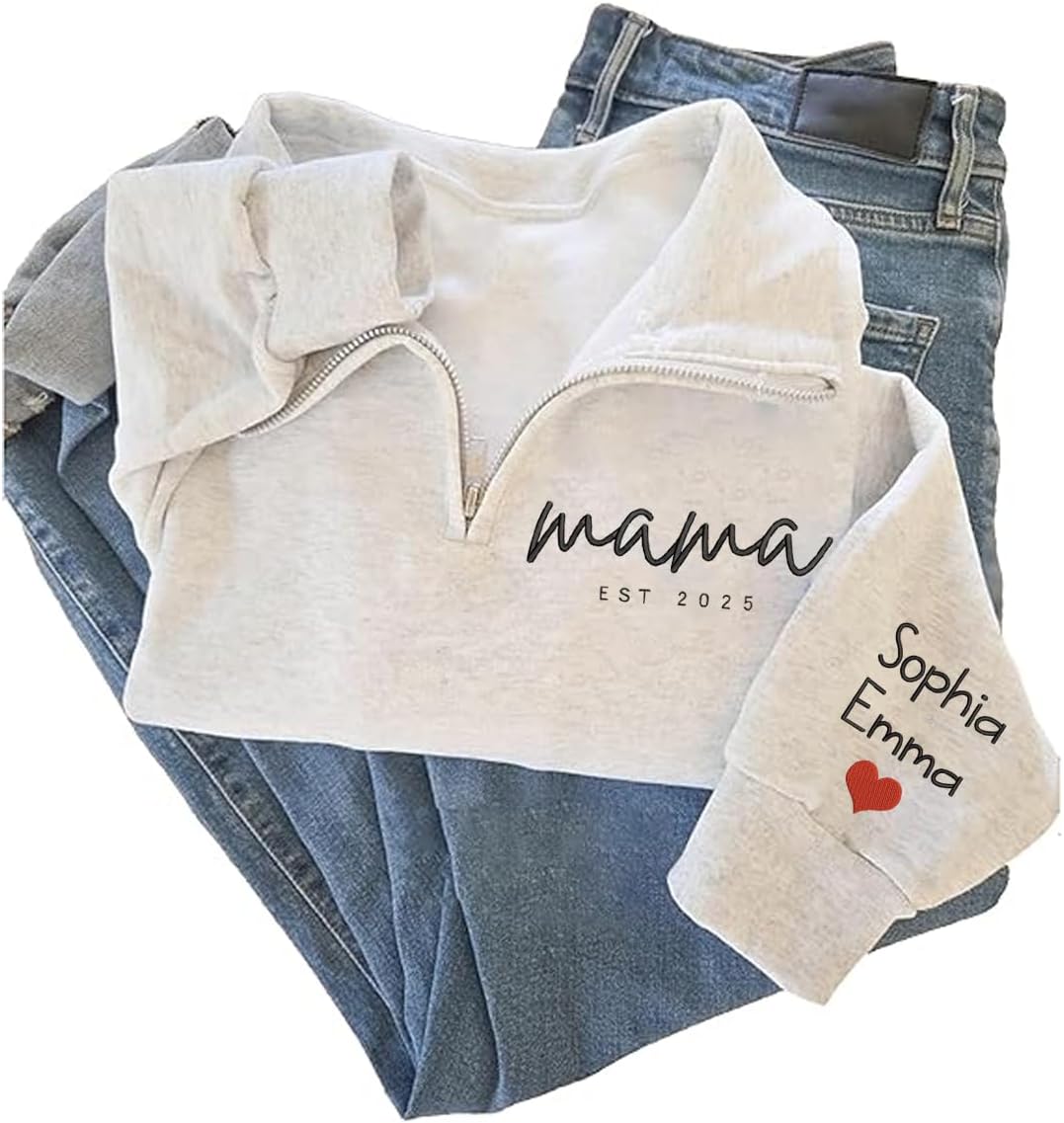 Custom Embroidered Mama Quarter Zip Sweatshirt, Personalized Name Pullover EST 2025, Cozy Cotton Fleece Half Zip Top, Personalized Gifts for New Mom, Mommy Birthday, Mothers Day, Christmas/1 - Image 2