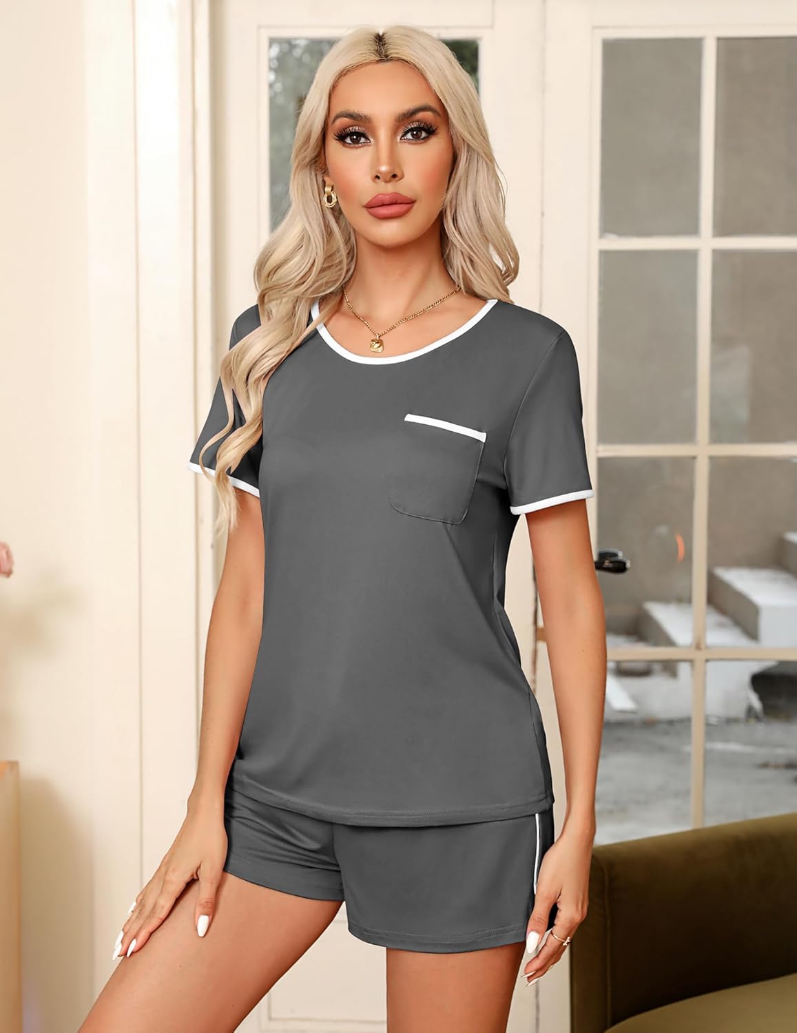 Ekouaer Pajama Set for Women 2 Piece Lounge Set Short Sleeve Tops and Shorts Soft Sleepwear, Chest Pocket - Image 3
