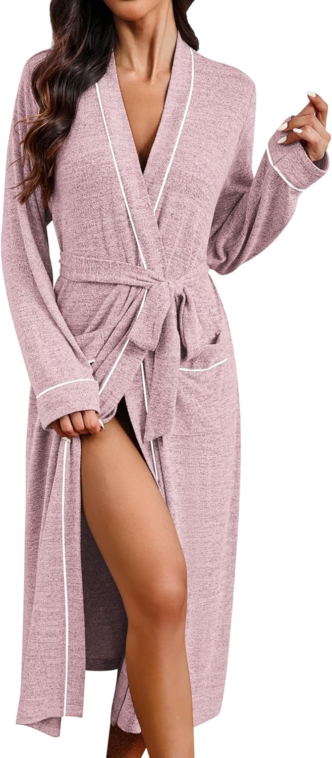 Ekouaer Womens Robe Long Bathrobe Lightweight Soft Knit Kimono Robes Ladies Casual Sleepwear S-3XL