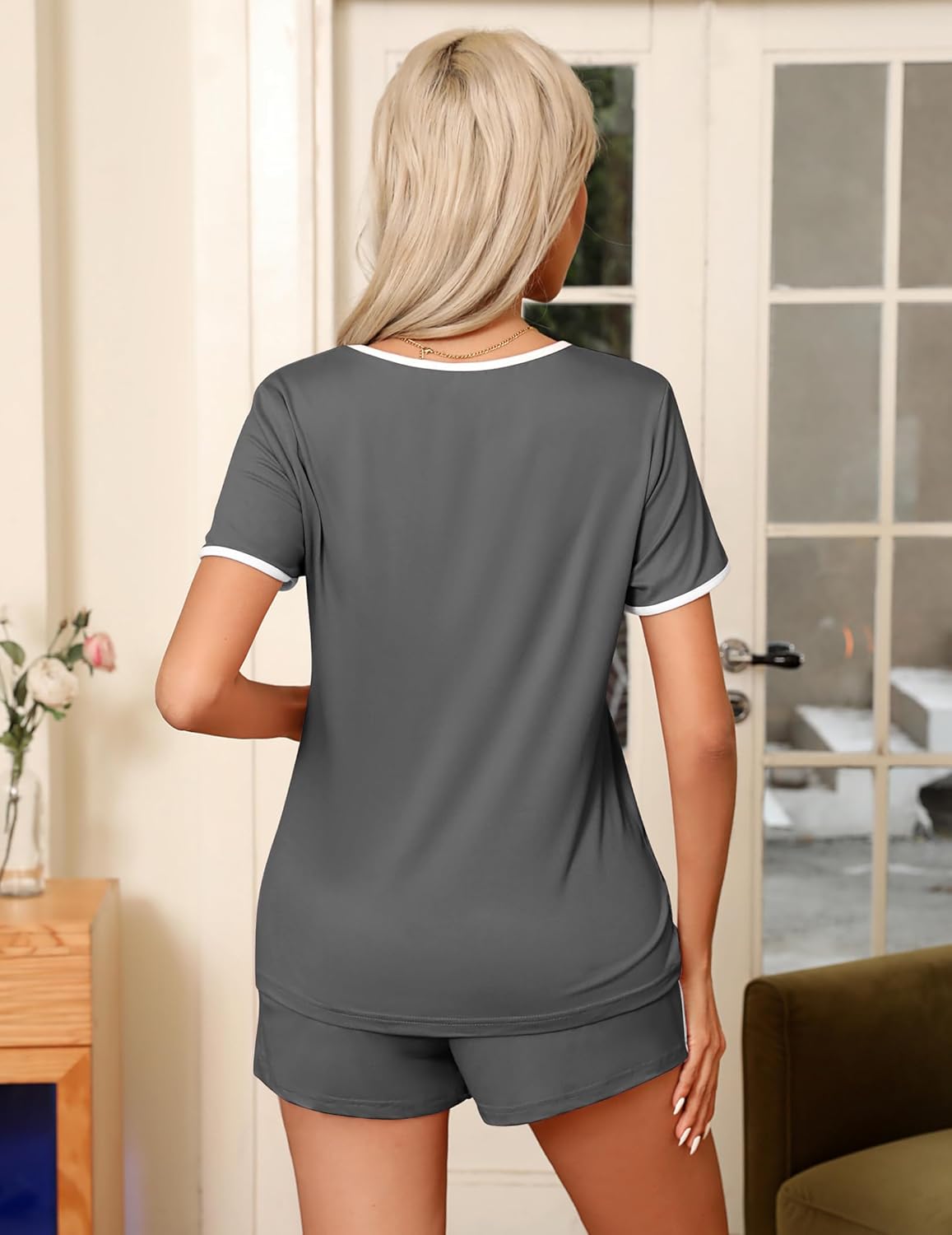 Ekouaer Pajama Set for Women 2 Piece Lounge Set Short Sleeve Tops and Shorts Soft Sleepwear, Chest Pocket - Image 4