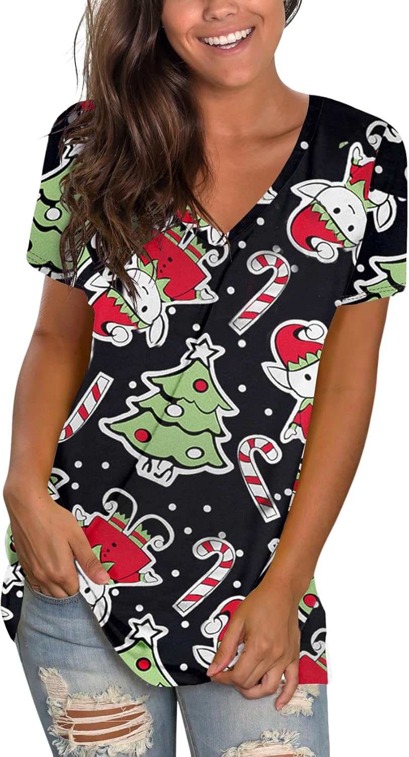Christmas Shirts for Women Short Sleeve V Neck Tops