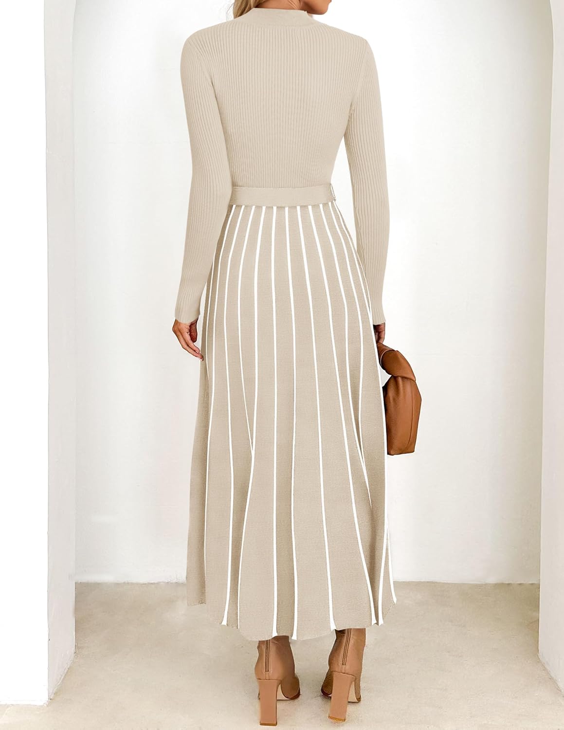 ZESICA Womens 2025 Fall Turtleneck Long Sleeve Sweater Dress Tie Waist Casual Loose Ribbed Knit A Line Midi Dresses - Image 4