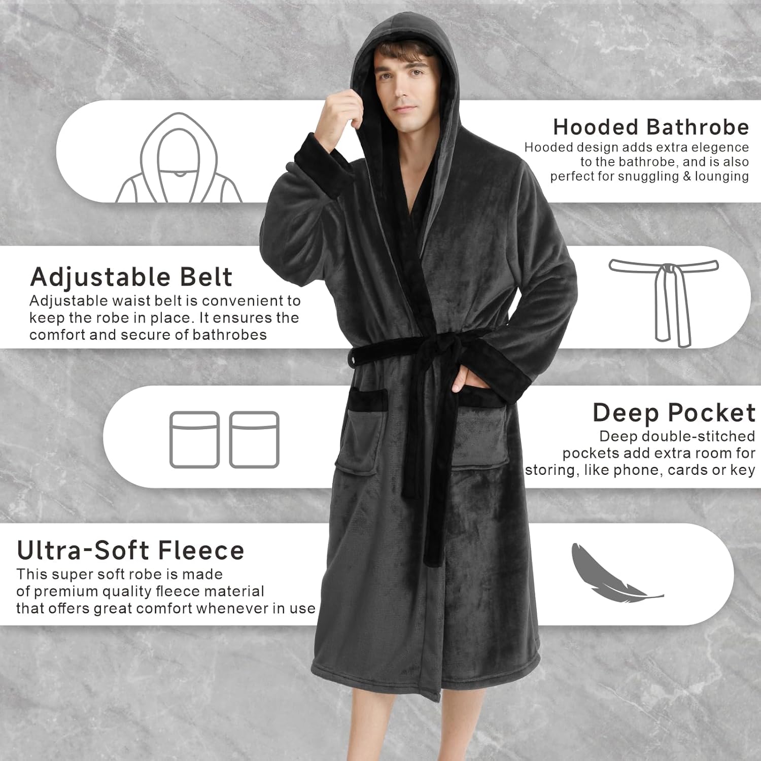 Yurhap Luxury Mens Robe with Hood, Ultra Cozy Fleece Bathrobe for Men, Plush Hooded Robe with Belt & 2 Pockets - Image 2