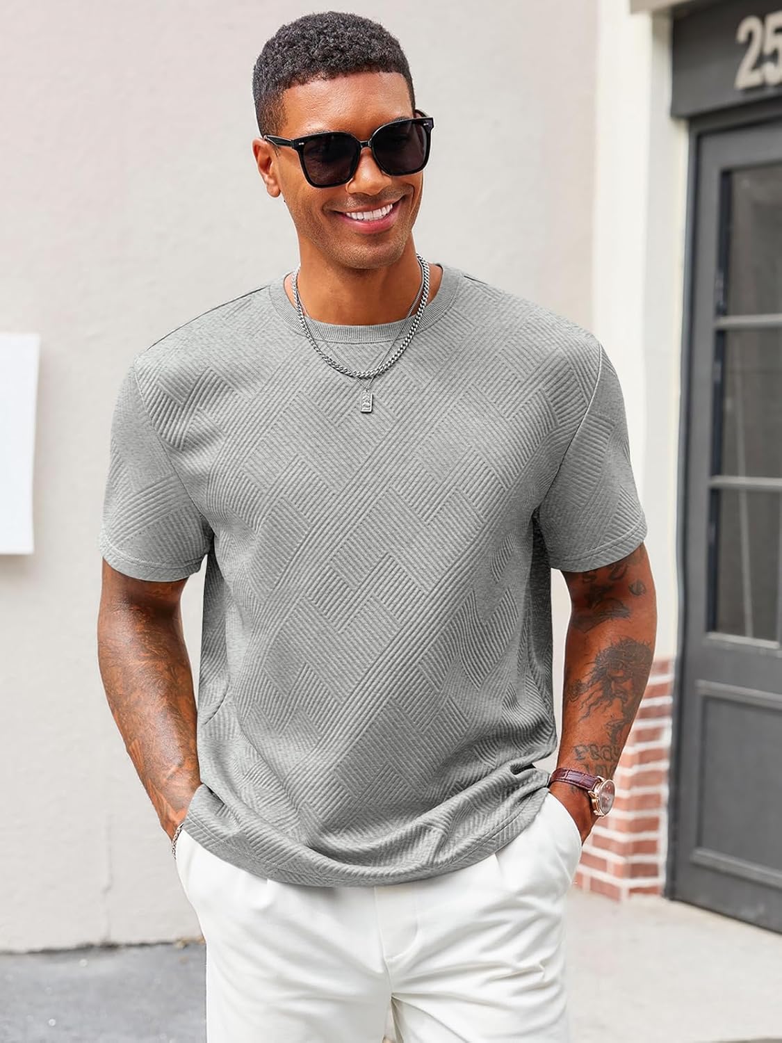 Runcati Men's Casual T-Shirts Short Sleeve Crewneck Summer Stretchy Shirt Textured Jacquard Tops - Image 2