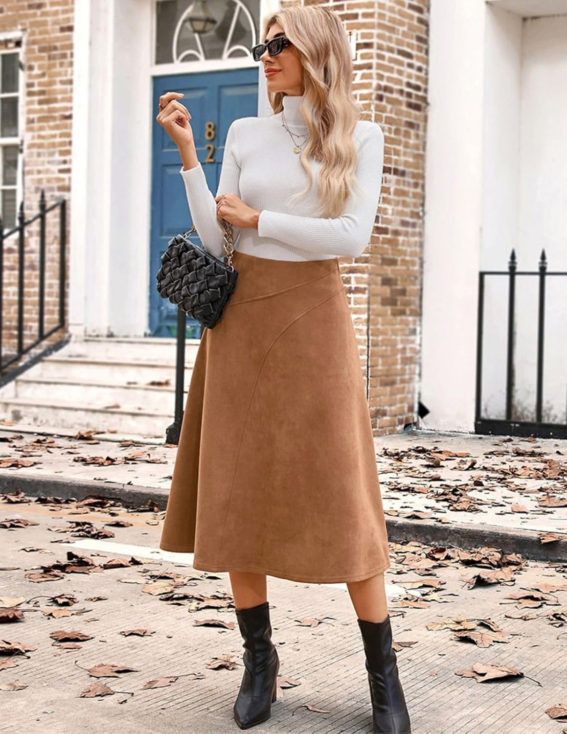 Kate Kasin 2025 Women's Suede Skirts, High Waist A-Line Skirt, Fall Winter Midi Skirt - Image 7