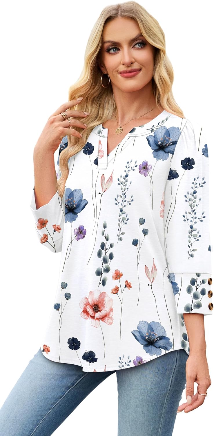 WIHOLL 3/4 Length Sleeve Womens Tops with Button Cuffs Dressy Casual V Neck Summer Outfits Early Fall Fashion Clothes 2025 - Image 4