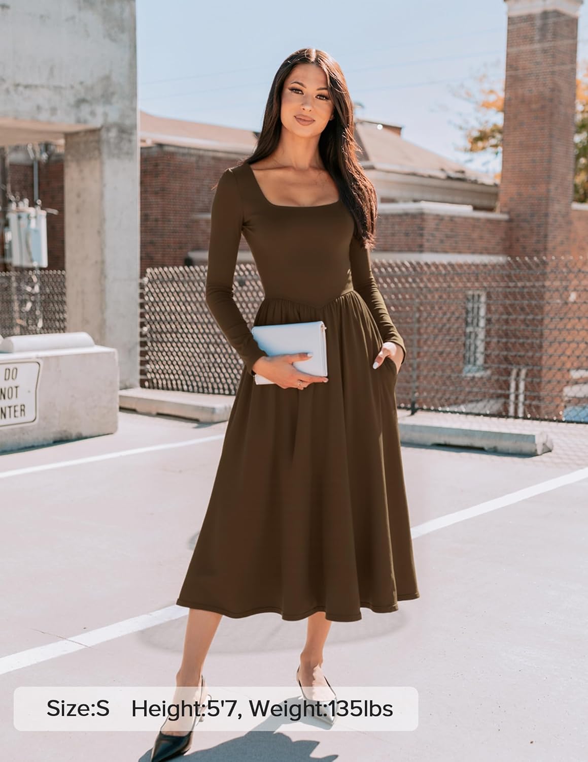 ZESICA Fall Dresses for Women 2025 Elegant Classy Square Neck Long Sleeve Flowy Wedding Guest Party Midi Dress - Image 7