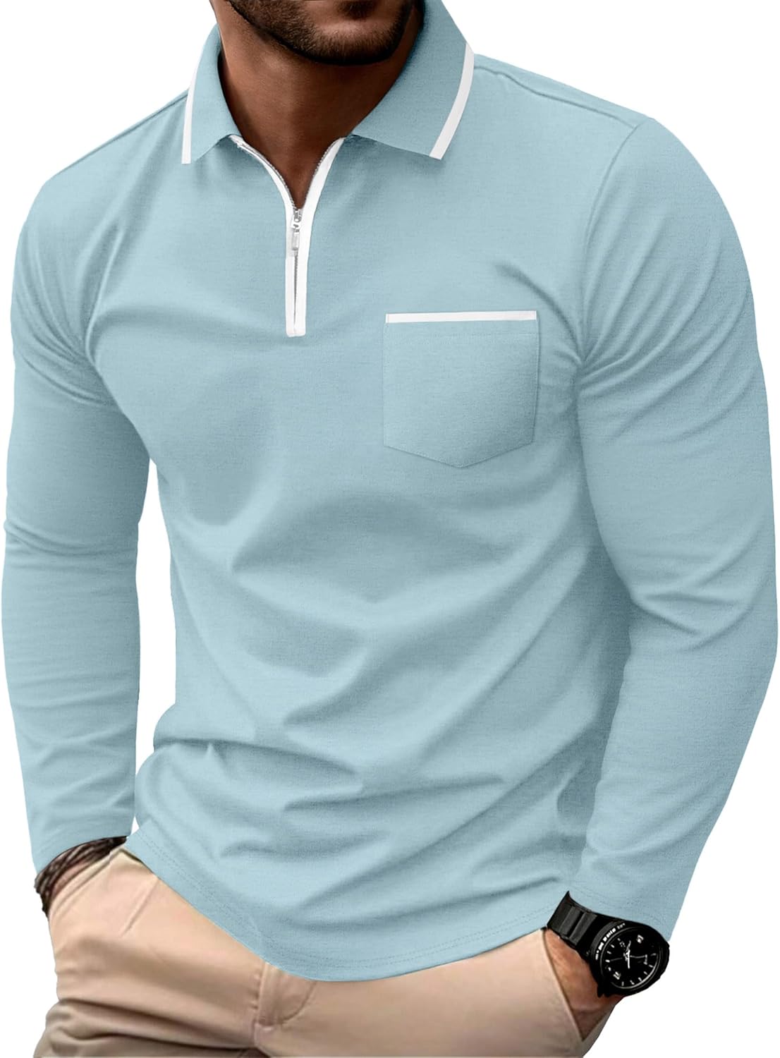 Askdeer Men's Polo Shirts Zip Long Sleeve Classic T-Shirts Casual Golf Shirts Stylish Collared Tee