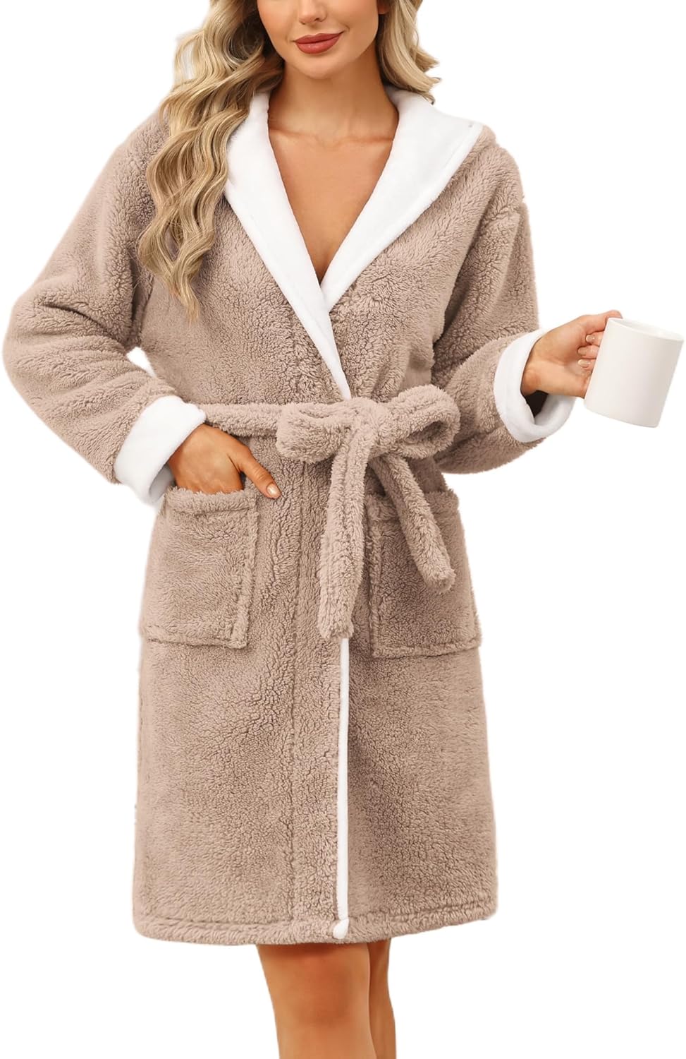 Ekouaer Womens Hooded Bathrobe Plush Short Robe Super Soft Fleece Robe Luxury Sleepwear with Pockets