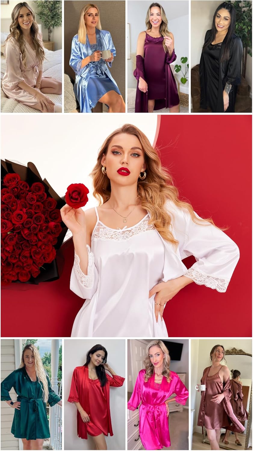 Ekouaer Sleepwear Women's Satin Nightgown with Robes Set 2 Piece Sexy Lace Cami Nightwear - Image 6